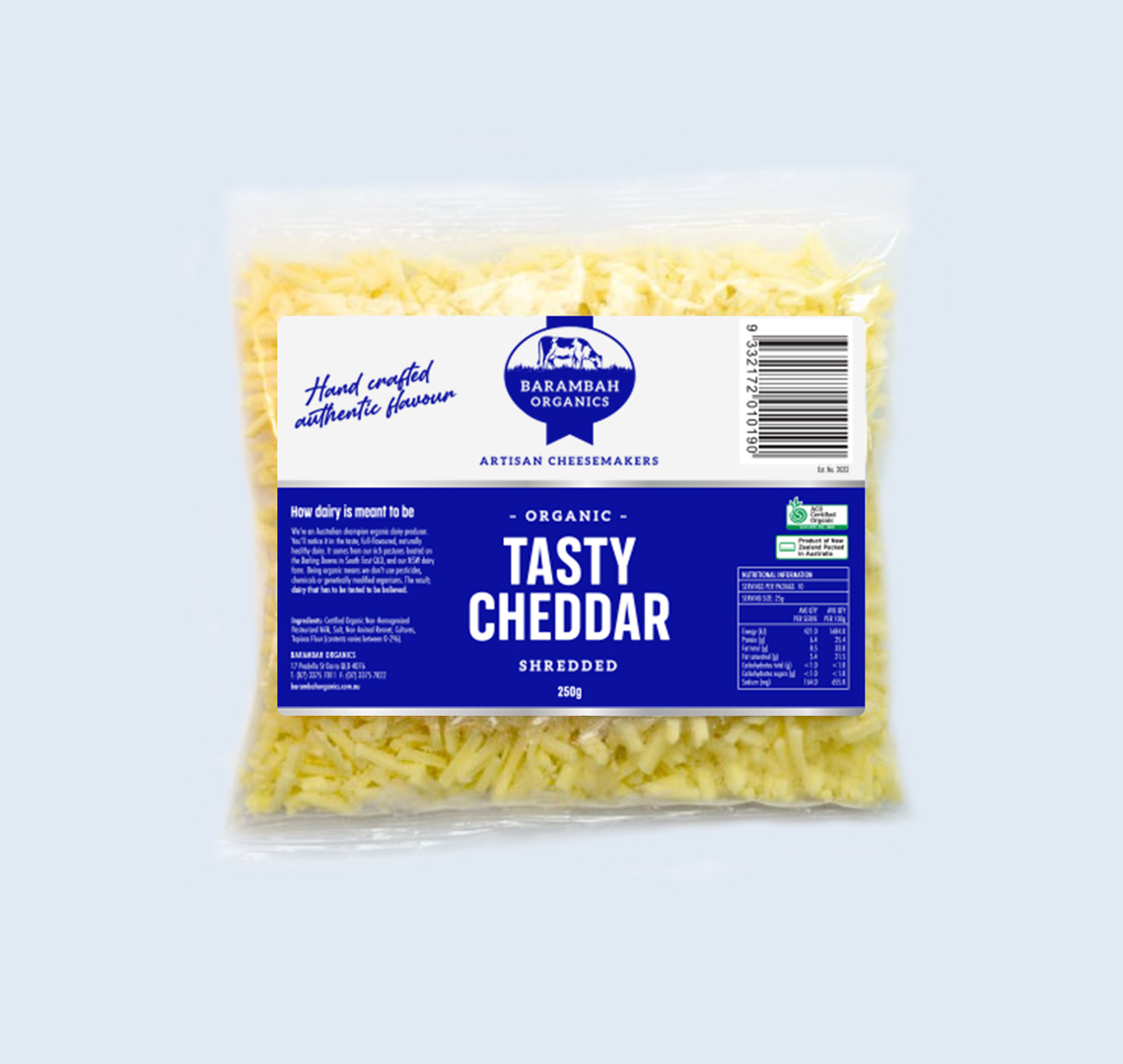 250g of Shredded Tasty Cheddar - Organic Cheddar Cheese - Barambah Organics