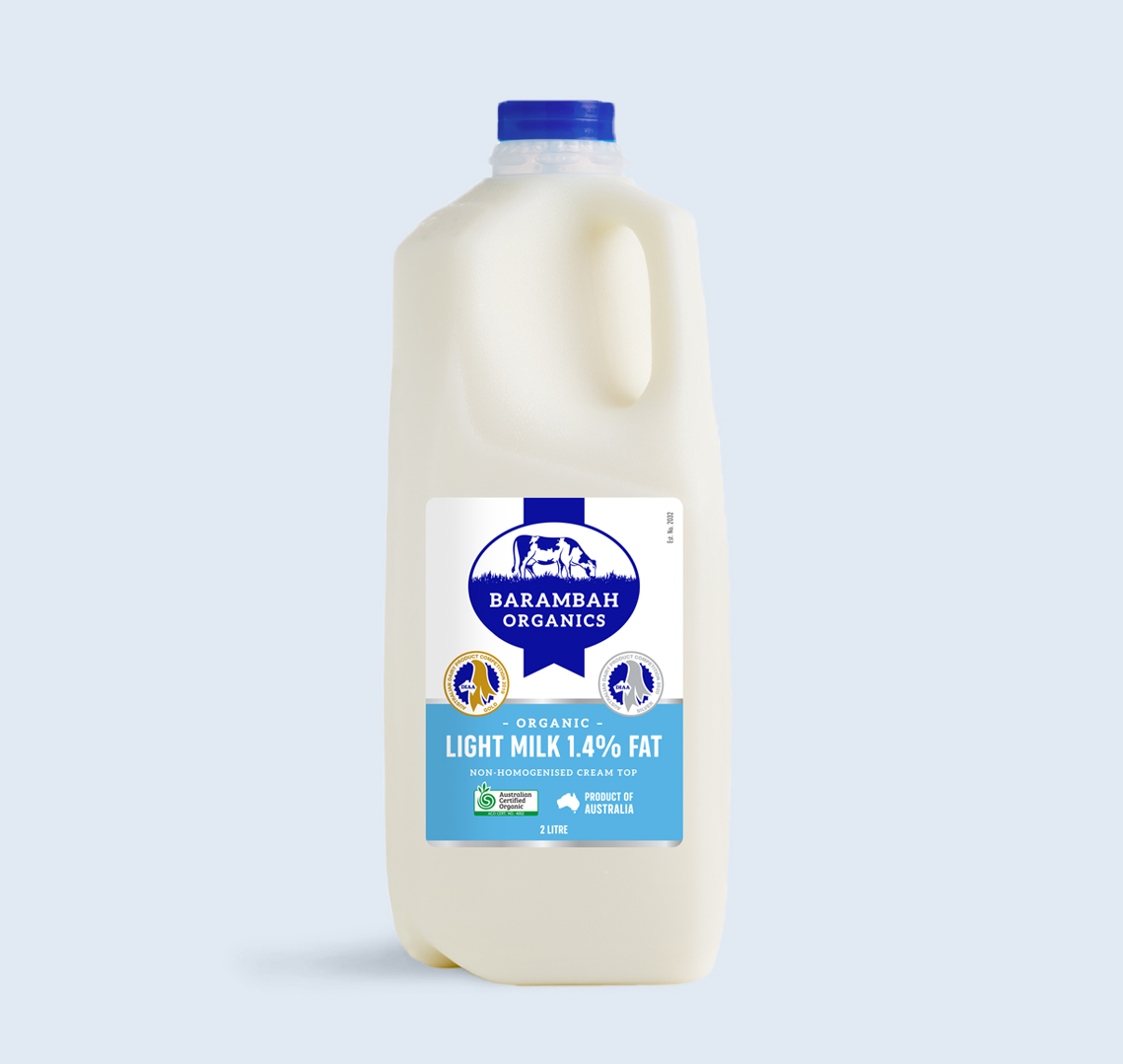 2 Liters of Light Milk 1.4% Fat - Organic Low Fat Milk - Barambah Organics