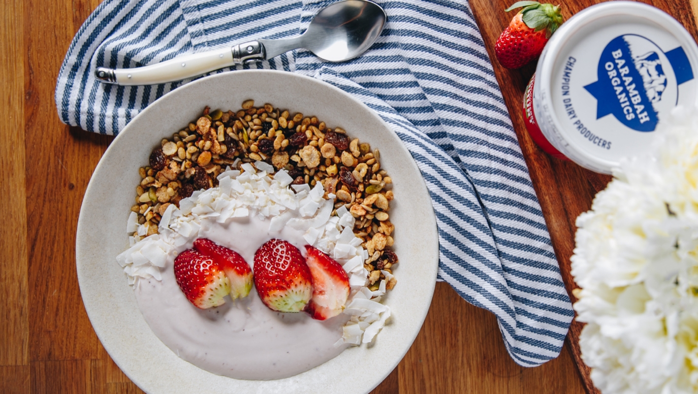 Strawberry Yoghurt in a Bowl - Organic Natural Yoghurt - Barambah Organics